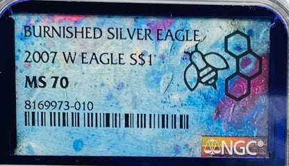 Burnished 2007 $1 (W) American Silver Eagle NGC MS70 Private Issue Limited Edition Trader Bea Purple Holder Mint Condition