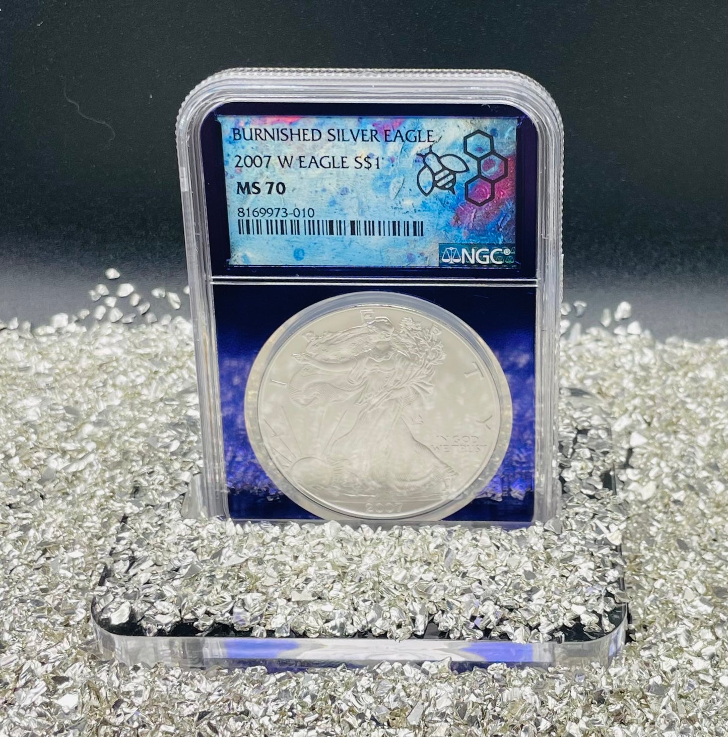 Burnished 2007 $1 (W) American Silver Eagle NGC MS70 Private Issue Limited Edition Trader Bea Purple Holder Mint Condition