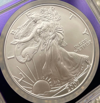 Burnished 2007 $1 (W) American Silver Eagle NGC MS70 Private Issue Limited Edition Trader Bea Purple Holder Mint Condition