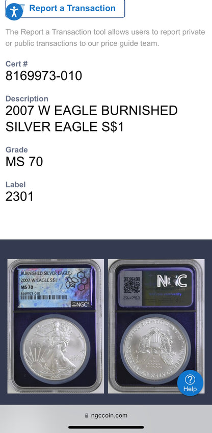 Burnished 2007 $1 (W) American Silver Eagle NGC MS70 Private Issue Limited Edition Trader Bea Purple Holder Mint Condition