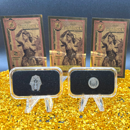 1/1333 OZT 24K GOLD 3 x 1/4 IDAHO GOLDBACK AURUM NOTES ALPHA & King Tut + Scarab Silver Art Bars (Rare 1 of 100) Mint