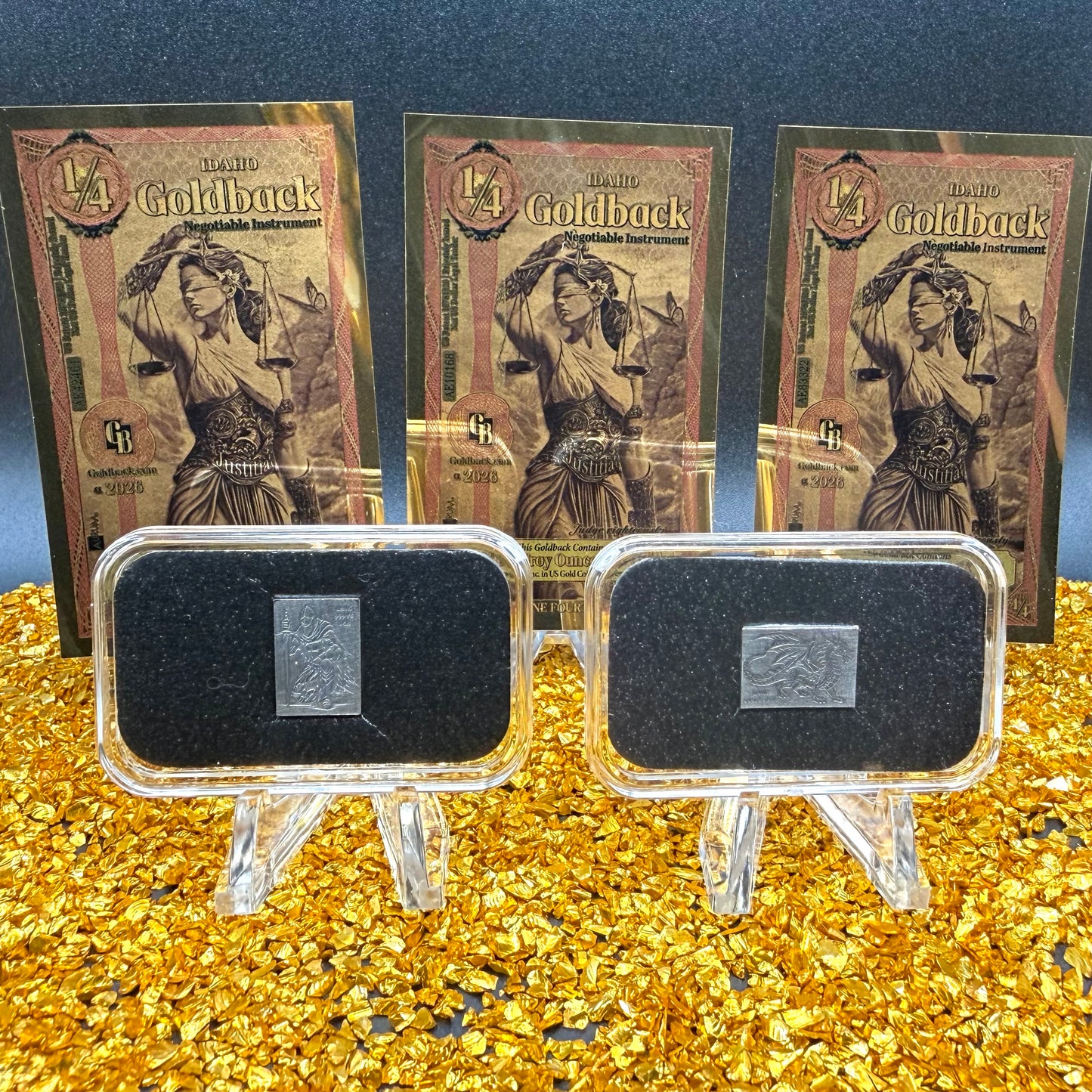 1/1333 OZT 24K GOLD 3 x 1/4 IDAHO GOLDBACK AURUM NOTES ALPHA & Dragon + Knight Silver Art Bars (Rare 1 of 100) Mint