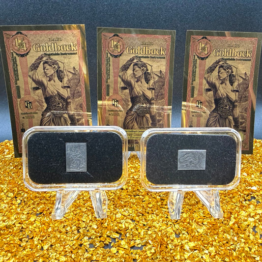 1/1333 OZT 24K GOLD 3 x 1/4 IDAHO GOLDBACK AURUM NOTES ALPHA & Dragon + Knight Silver Art Bars (Rare 1 of 100) Mint