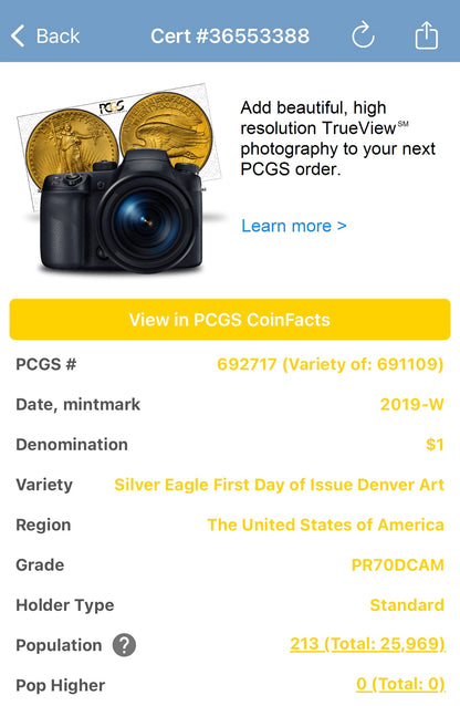 Proof 2019 (W) $1 American Silver Eagle PCGS PR70DCAM FDOI (Denver) Master Designer Cleveland Signed (1 of 213)