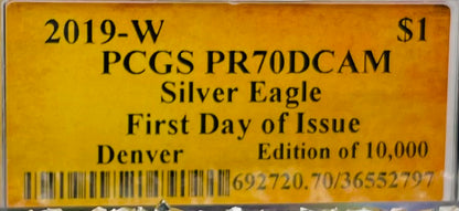 Proof 2019 (W) $1 American Silver Eagle PCGS PR70DCAM FDOI (Denver) Master Designer Cleveland Signed (1 of 498)