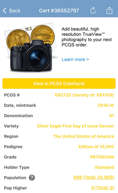 Proof 2019 (W) $1 American Silver Eagle PCGS PR70DCAM FDOI (Denver) Master Designer Cleveland Signed (1 of 498)
