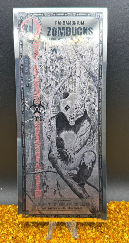 1/1000 OZT PANDAMONIUM ZOMBUCK WORLD SILVER AURUM NOTE & SLEEVE MINT (Rare 1 of 10,000)
