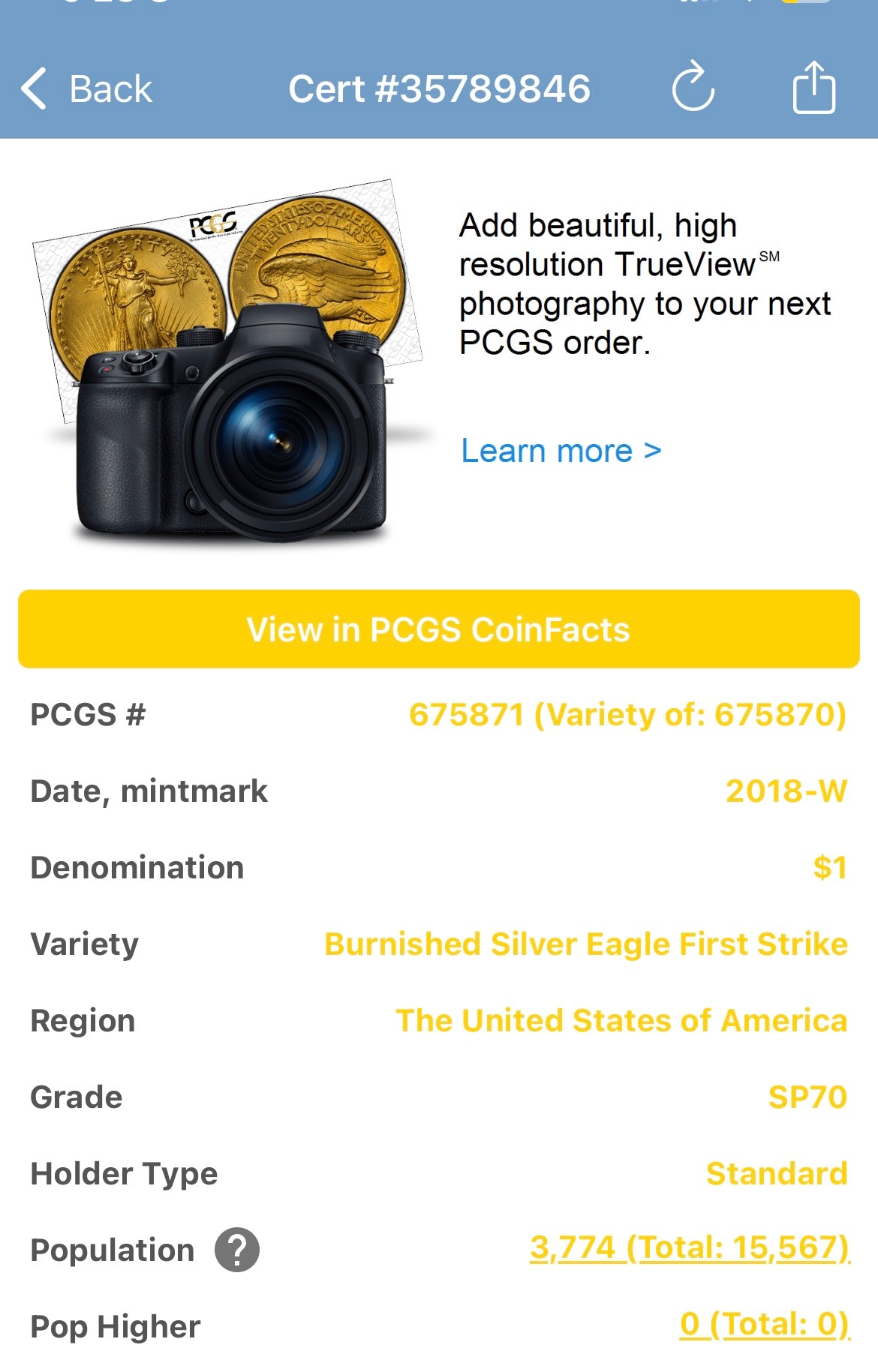 Burnished 2018 (W) $1 American Silver Eagle PCGS SP70 Early Issue Rare Blue Label (1 of 3,774)