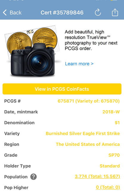 Burnished 2018 (W) $1 American Silver Eagle PCGS SP70 Early Issue Rare Blue Label (1 of 3,774)