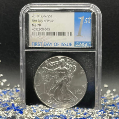 2018 $1 American Silver Eagle NGC MS70 First Day of Issue Rare Silver Foil Holder Low Mintage