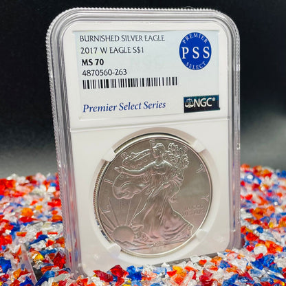 Burnished 2017 (W) $1 American Silver Eagle NGC MS70 Rare Premier Select Series Label Mint Condition
