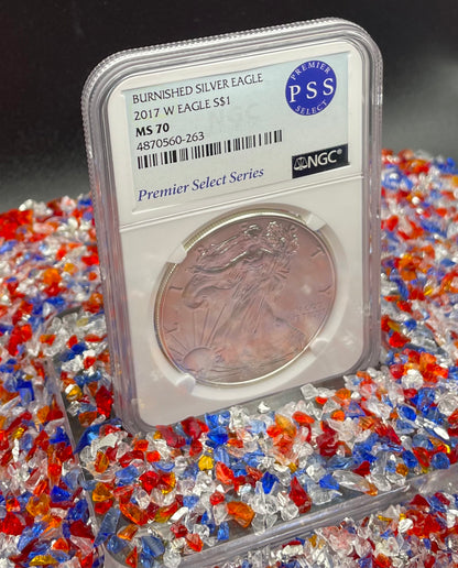 Burnished 2017 (W) $1 American Silver Eagle NGC MS70 Rare Premier Select Series Label Mint Condition