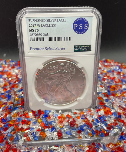 Burnished 2017 (W) $1 American Silver Eagle NGC MS70 Rare Premier Select Series Label Mint Condition