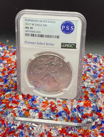 Burnished 2017 (W) $1 American Silver Eagle NGC MS70 Rare Premier Select Series Label Mint Condition