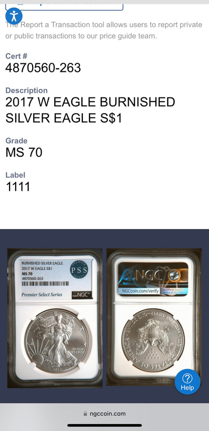 Burnished 2017 (W) $1 American Silver Eagle NGC MS70 Rare Premier Select Series Label Mint Condition