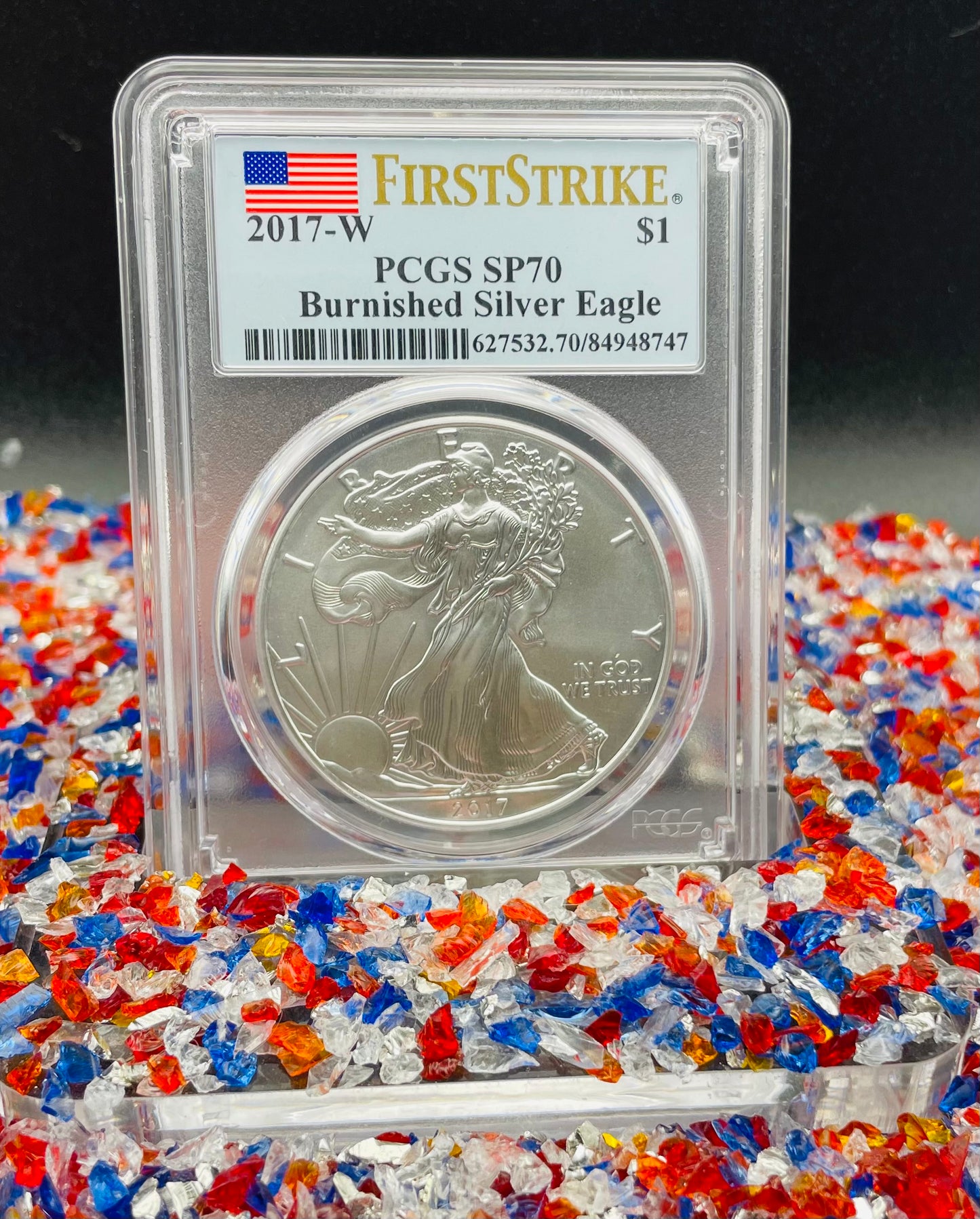 Burnished 2017 (W) $1 American Silver Eagle PCGS SP70 First Strike American Flag Label Mint Condition (1 of 4,869)