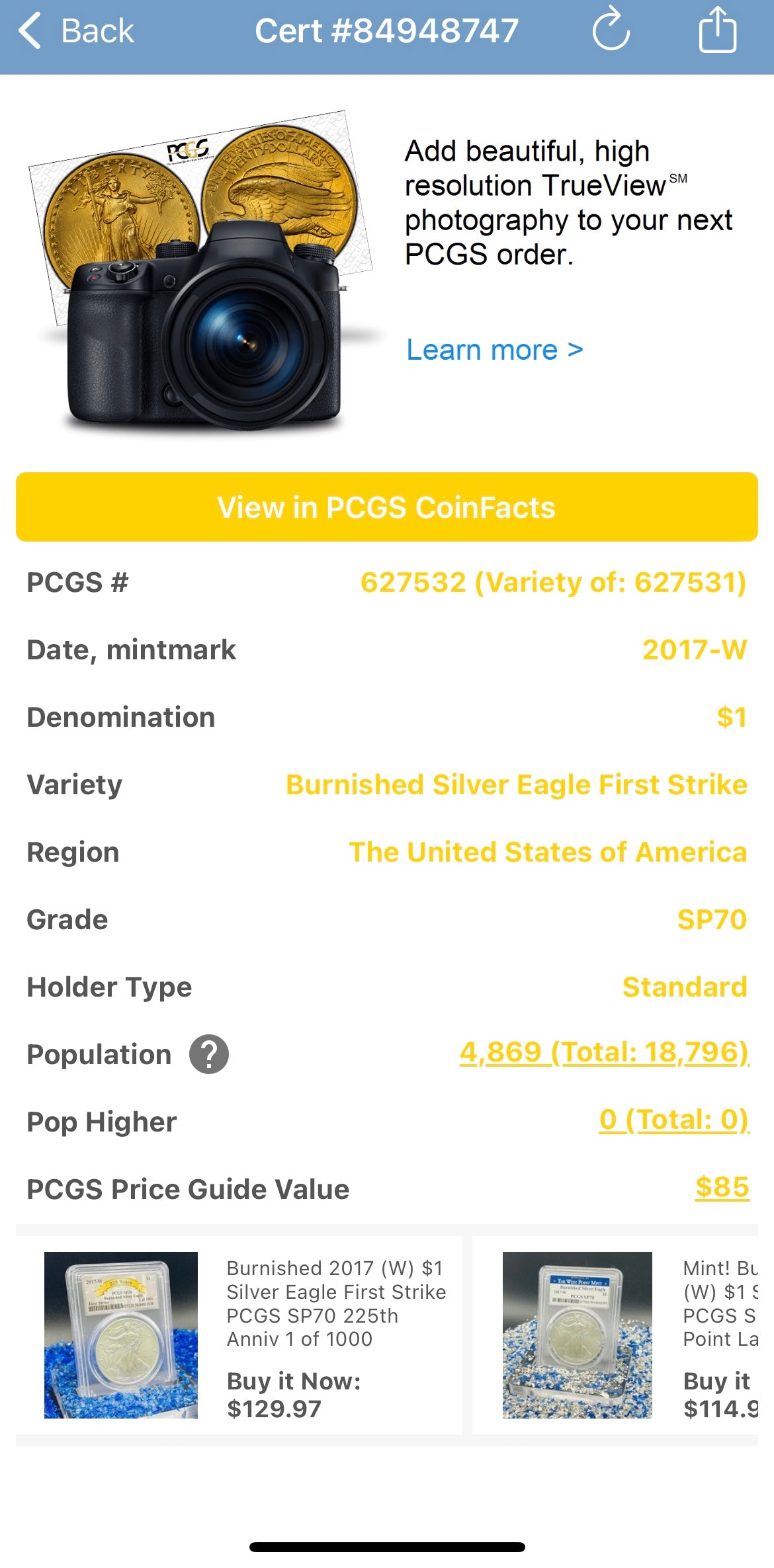 Burnished 2017 (W) $1 American Silver Eagle PCGS SP70 First Strike American Flag Label Mint Condition (1 of 4,869)