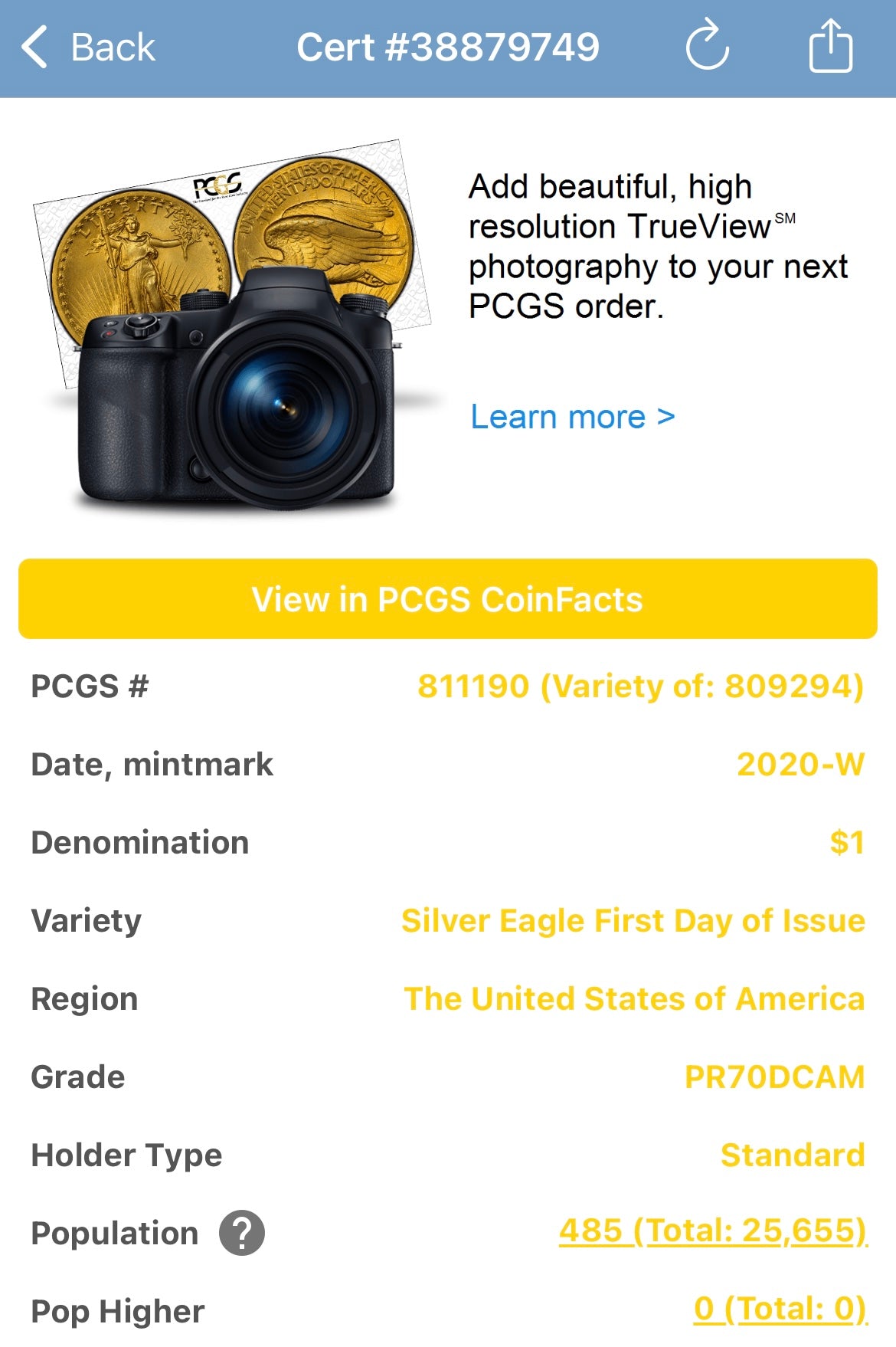 Proof 2020 (W) $1 American Silver Eagle PCGS PR70DCAM FDOI (Philadelphia) Master Designer Cleveland Signed (1 of 485)