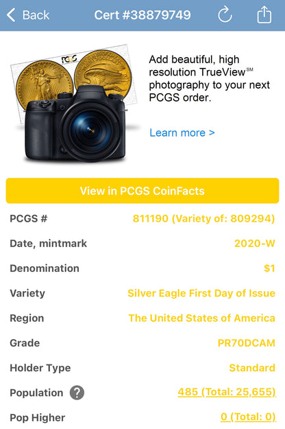 Proof 2020 (W) $1 American Silver Eagle PCGS PR70DCAM FDOI (Philadelphia) Master Designer Cleveland Signed (1 of 485)