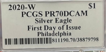Proof 2020 (W) $1 American Silver Eagle PCGS PR70DCAM FDOI (Philadelphia) Master Designer Cleveland Signed (1 of 485)