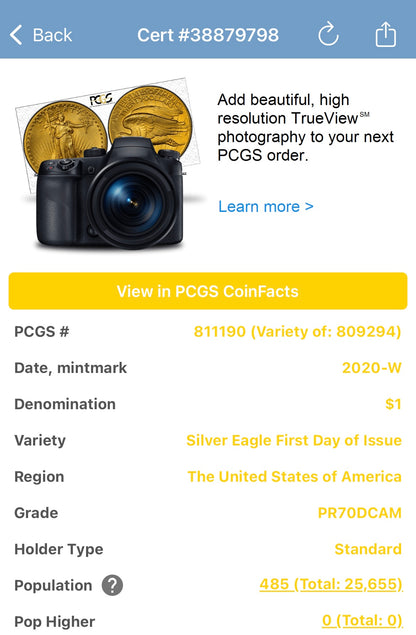Proof 2020 (W) $1 American Silver Eagle PCGS PR70DCAM FDOI (Philadelphia) Master Designer Cleveland Signed (1 of 485)