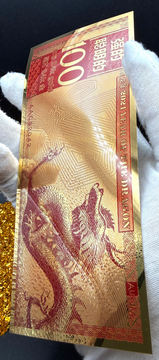 100 MG 24K GOLD 2024 YEAR OF THE Dragon GOLD AURUM NOTES ALPHA Rare! [Barcode AAC82042]