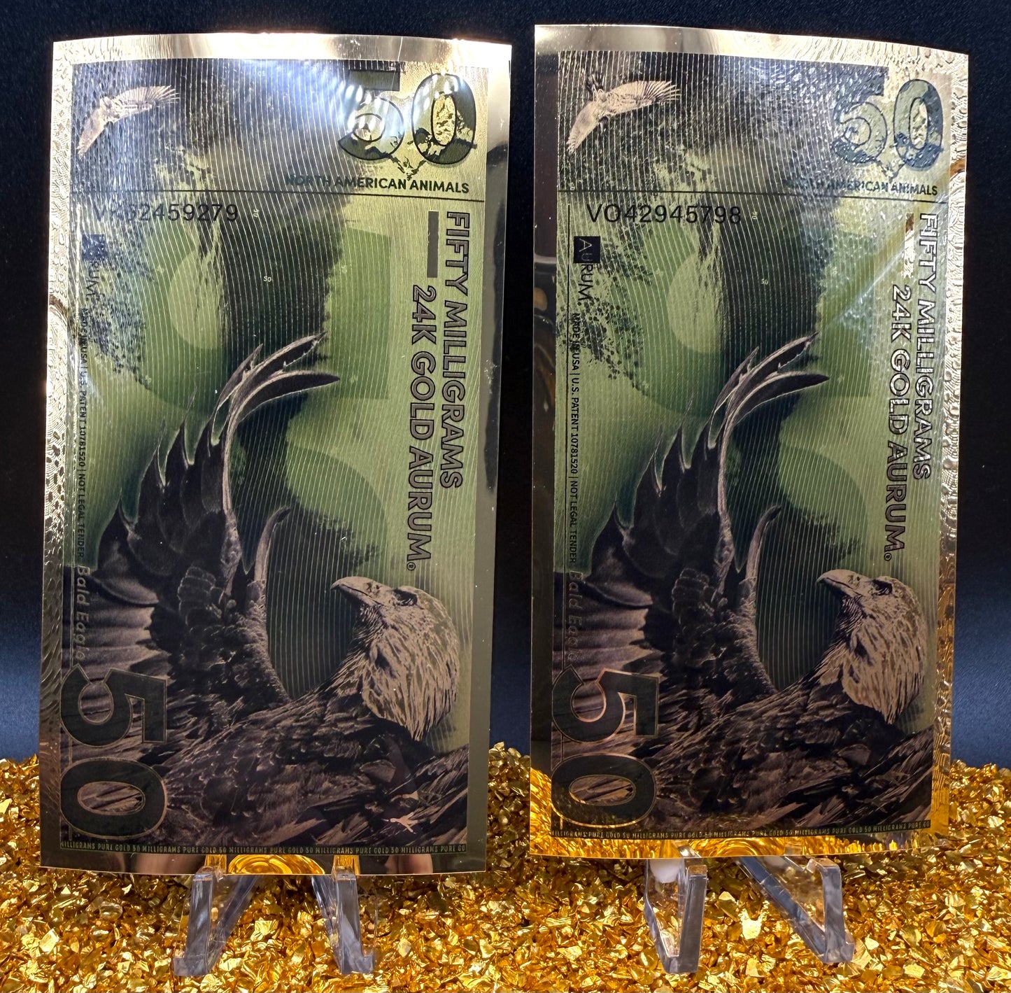 100 MG (2 x 50) 24K GOLD Aurum Notes Uncirculated - American Bald Eagle Rare