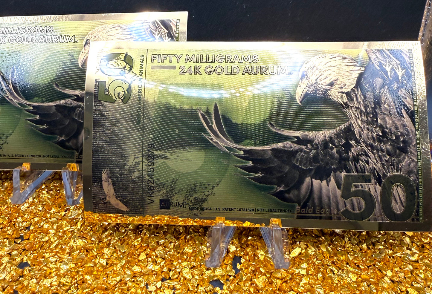 100 MG (2 x 50) 24K GOLD Aurum Notes Uncirculated - American Bald Eagle Rare