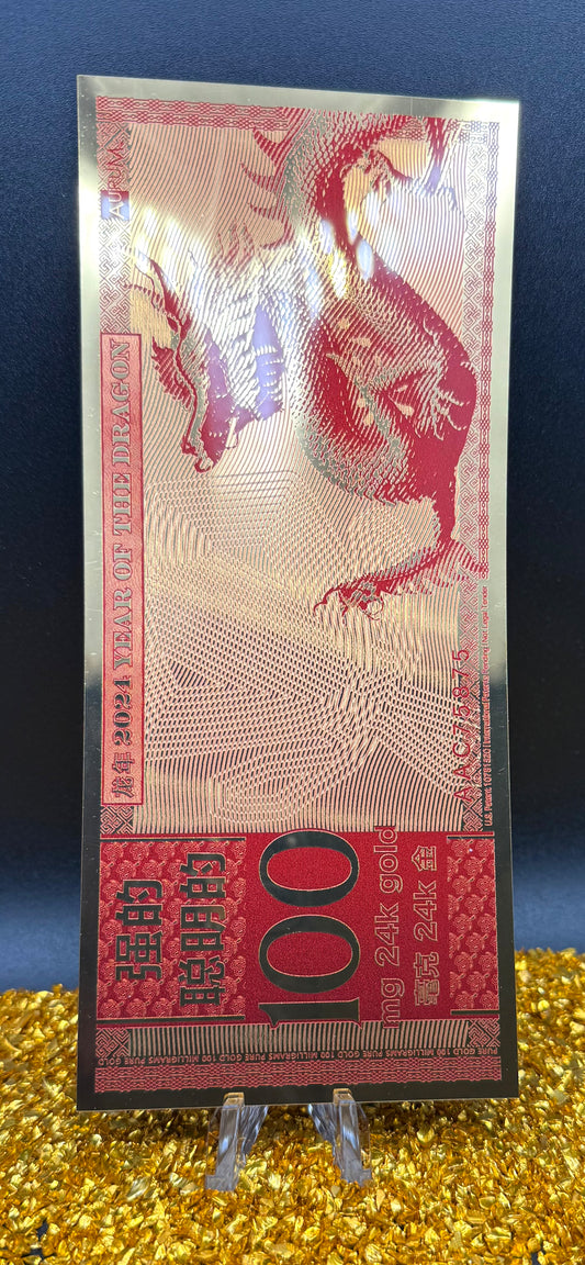 100 MG 24K GOLD 2024 YEAR OF THE Dragon GOLD AURUM NOTES ALPHA Rare! [Barcode AAC75875]