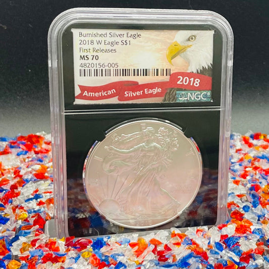 Burnished 2018 (W) $1 American Silver Eagle NGC MS70 First Releases Black Core with Eagle Label Mint Condition (1 of 658)