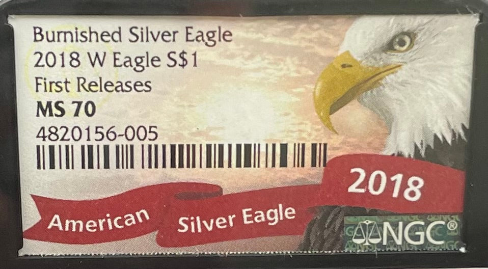 Burnished 2018 (W) $1 American Silver Eagle NGC MS70 First Releases Black Core with Eagle Label Mint Condition (1 of 658)