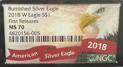 Burnished 2018 (W) $1 American Silver Eagle NGC MS70 First Releases Black Core with Eagle Label Mint Condition (1 of 658)