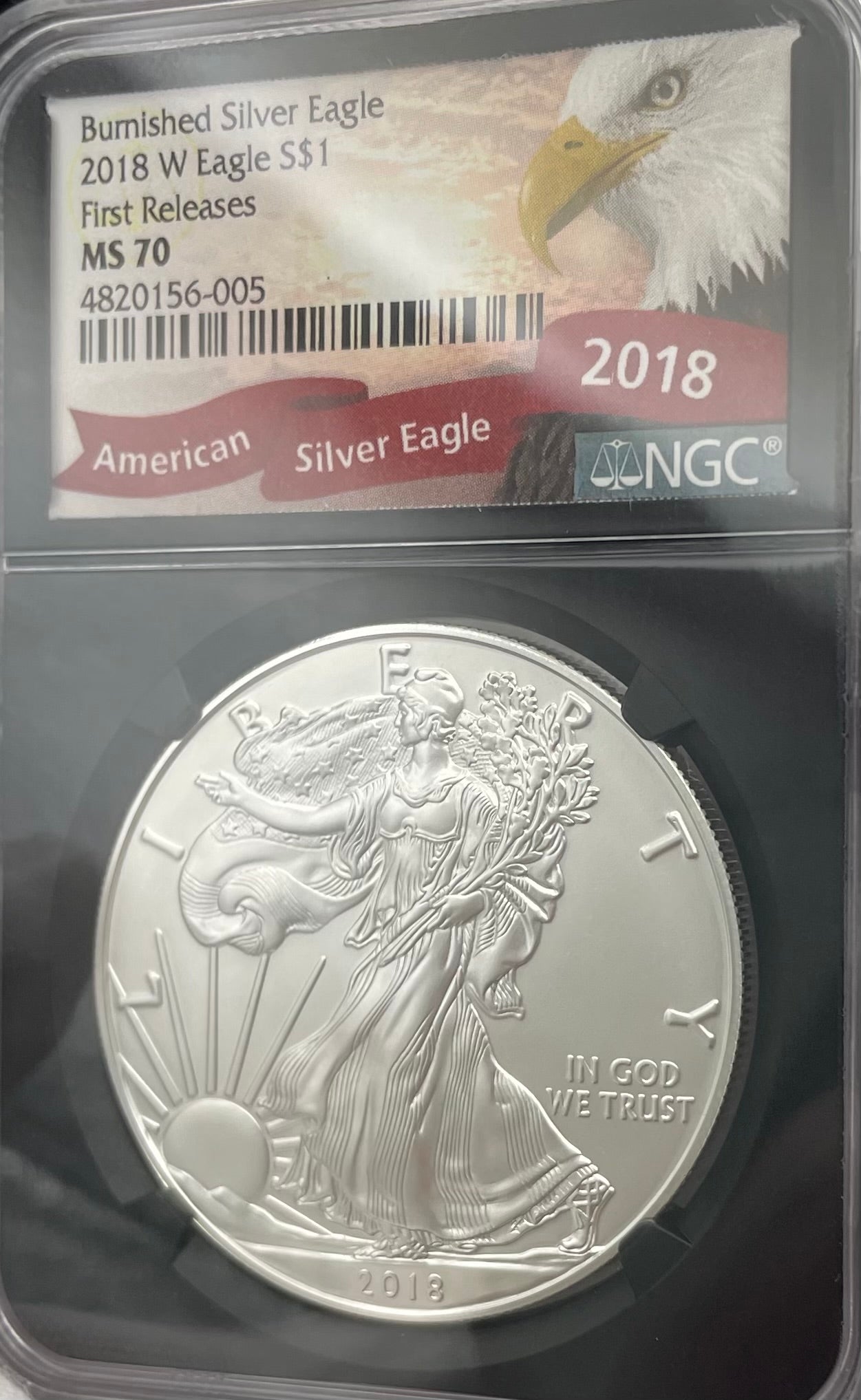 Burnished 2018 (W) $1 American Silver Eagle NGC MS70 First Releases Black Core with Eagle Label Mint Condition (1 of 658)
