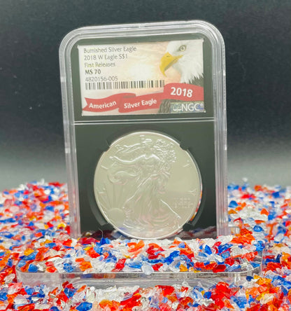 Burnished 2018 (W) $1 American Silver Eagle NGC MS70 First Releases Black Core with Eagle Label Mint Condition (1 of 658)