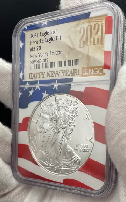 2021 $1 American Silver Eagle NGC MS70 New Years Edition Type 1 Ultra Rare Holder Mint Condition