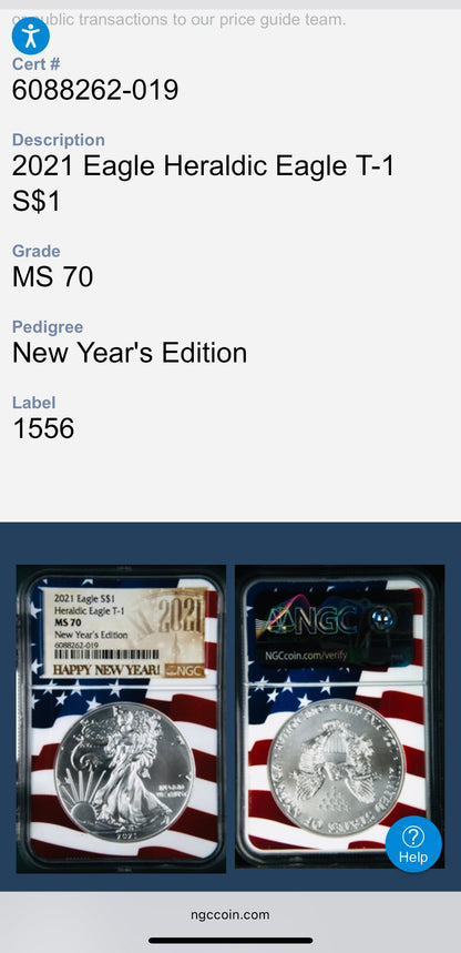 2021 $1 American Silver Eagle NGC MS70 New Years Edition Type 1 Ultra Rare Holder Mint Condition