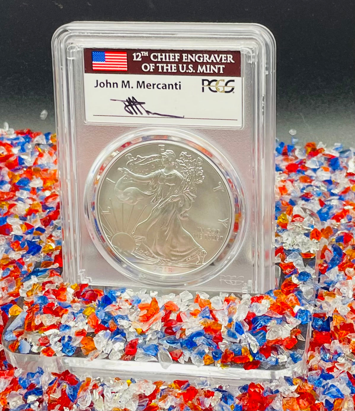 Burnished 2018 (W) $1 American Silver Eagle PCGS SP70 First Day of Issue John M. Mercanti Signed Label Mint Condition (1 of 150)
