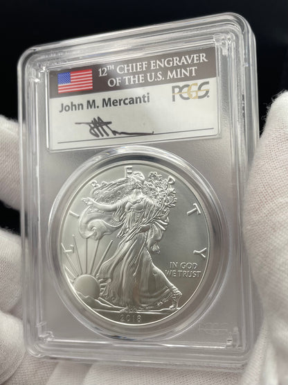 Burnished 2018 (W) $1 American Silver Eagle PCGS SP70 First Day of Issue John M. Mercanti Signed Label Mint Condition (1 of 150)