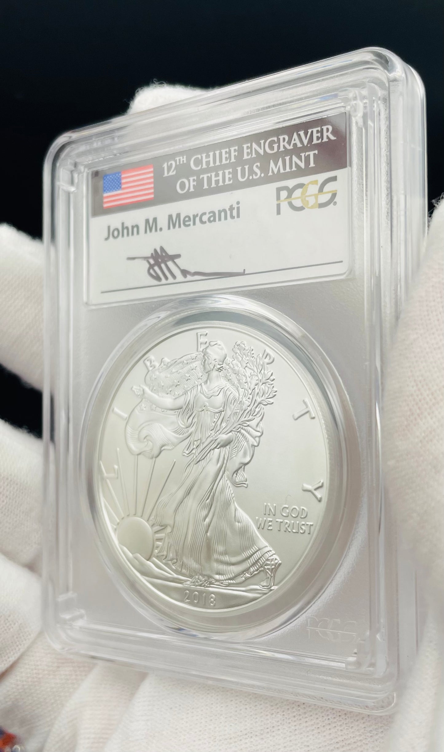 Burnished 2018 (W) $1 American Silver Eagle PCGS SP70 First Day of Issue John M. Mercanti Signed Label Mint Condition (1 of 150)