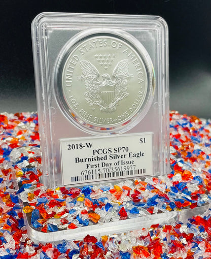 Burnished 2018 (W) $1 American Silver Eagle PCGS SP70 First Day of Issue John M. Mercanti Signed Label Mint Condition (1 of 150)