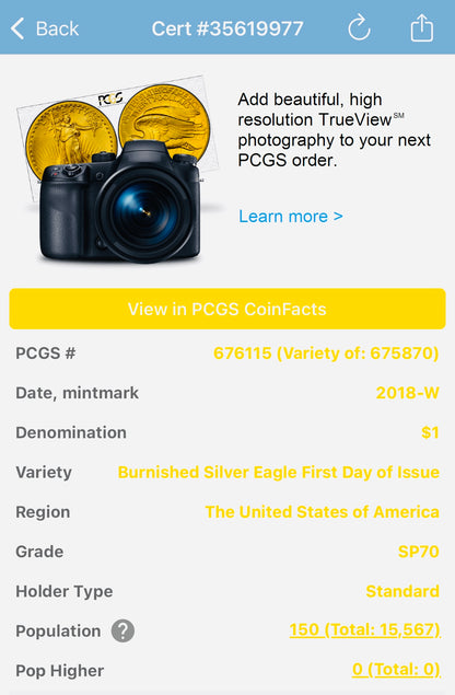 Burnished 2018 (W) $1 American Silver Eagle PCGS SP70 First Day of Issue John M. Mercanti Signed Label Mint Condition (1 of 150)