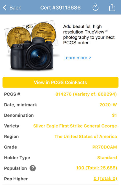 Proof 2020 (W) $1 American Silver Eagle PCGS PR70DCAM First Strike US Army General 5 Star General George Casey Jr (Ret) Signed (1 of 100)