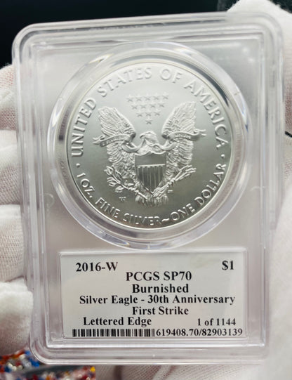 Burnished 2016 (W) $1 American Silver Eagle PCGS SP70 First Strike Edmund C Moy Signed Label Mint Condition (1 of 1,114)