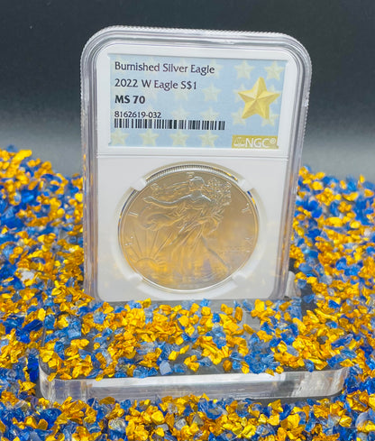Burnished 2022 (W) $1 American Silver Eagle NGC MS70 Gold Star Label (Rare)