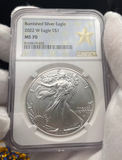 Burnished 2022 (W) $1 American Silver Eagle NGC MS70 Gold Star Label (Rare)