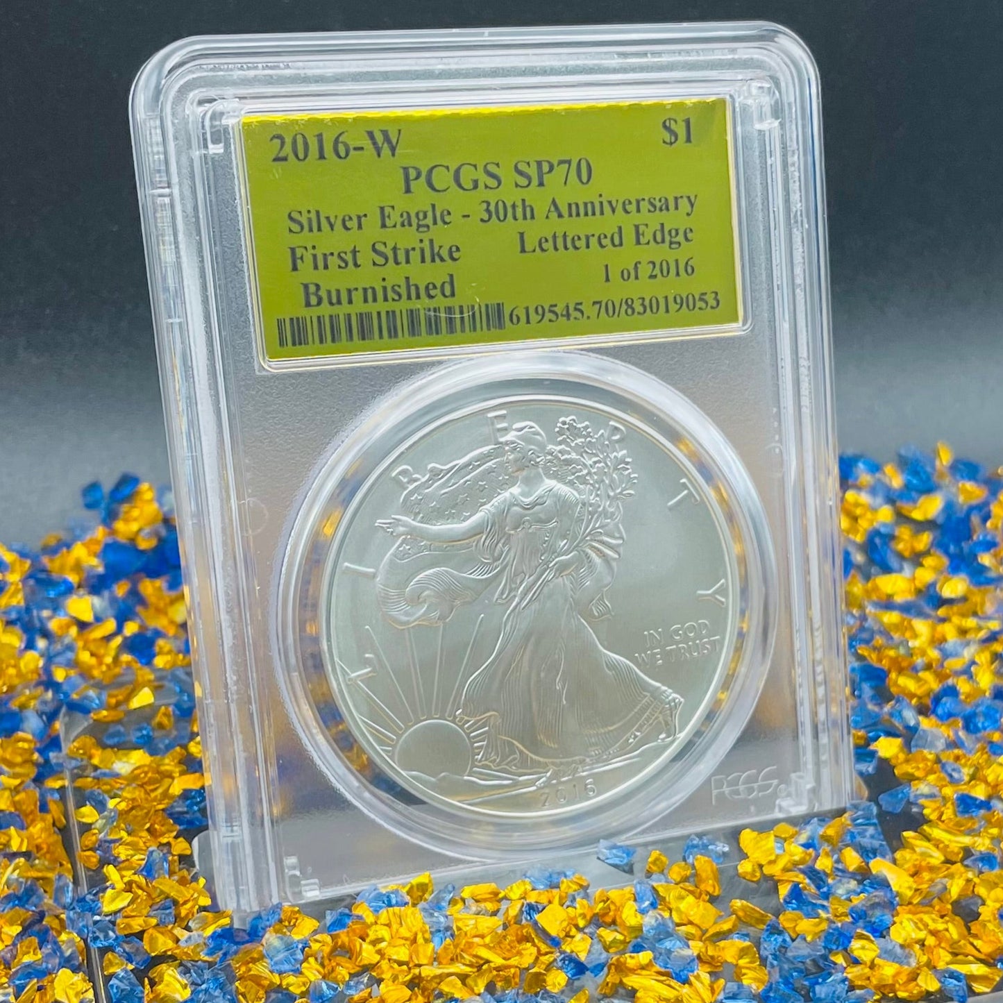Burnished 2016 (W) $1 American Silver Eagle PCGS SP70 First Strike Gold Foil Label Mint Condition (1 of 2,016)