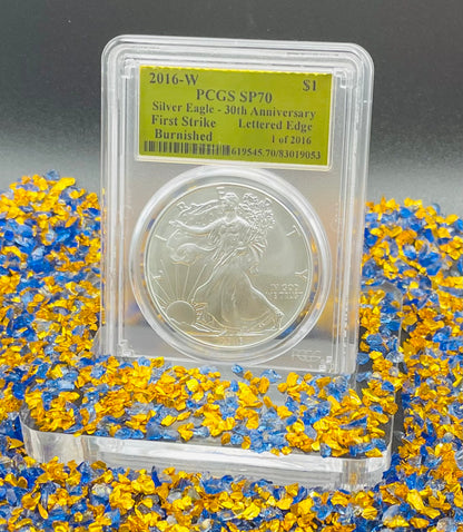 Burnished 2016 (W) $1 American Silver Eagle PCGS SP70 First Strike Gold Foil Label Mint Condition (1 of 2,016)