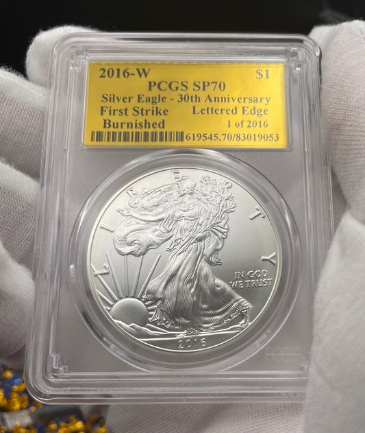 Burnished 2016 (W) $1 American Silver Eagle PCGS SP70 First Strike Gold Foil Label Mint Condition (1 of 2,016)