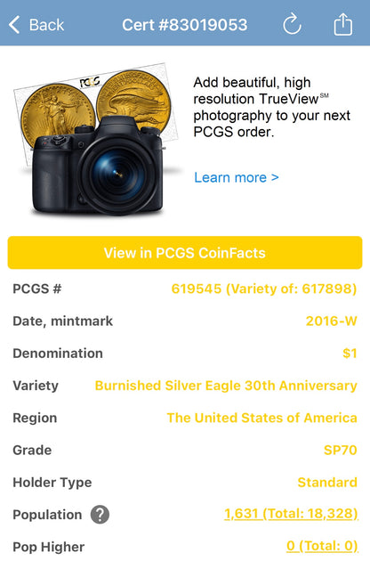 Burnished 2016 (W) $1 American Silver Eagle PCGS SP70 First Strike Gold Foil Label Mint Condition (1 of 2,016)