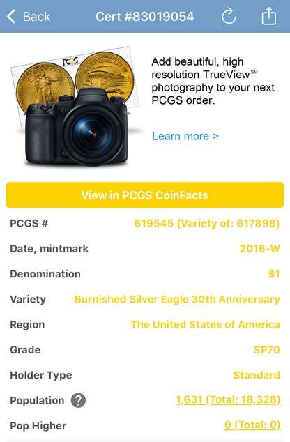 Burnished 2016 (W) $1 American Silver Eagle PCGS SP70 First Strike Gold Foil Label Mint Condition (1 of 2,016)